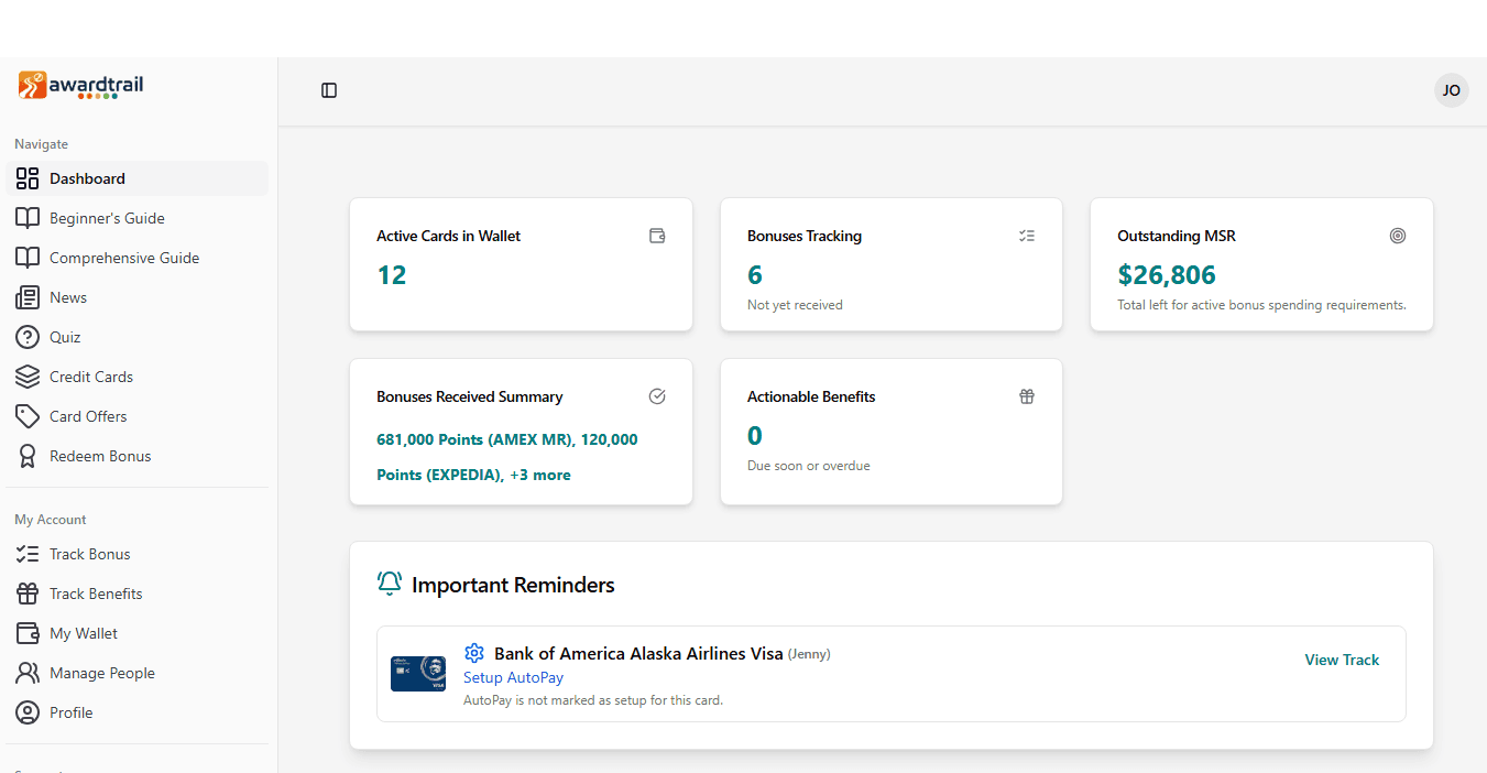 Screenshot of the Awardtrail dashboard interface showing key financial metrics and navigation options