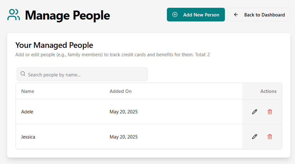 Interface for managing credit cards for multiple family members within the Awardtrail application