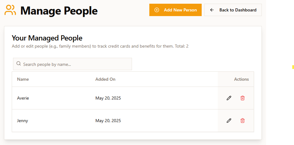 Multi-player management interface for tracking credit cards for spouses and family members